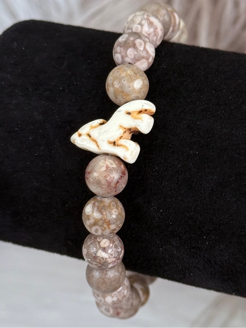Natural Ocean Jasper Beaded Stretch Bracelet in Earth Tones Wolf Accent